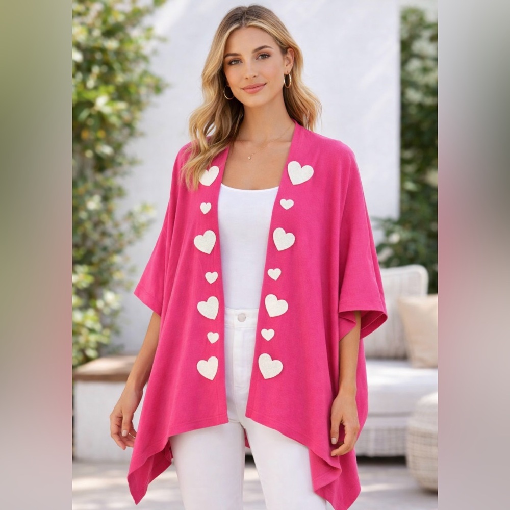 Victoria Harbour Pink Heart Cardigan One Size Kimono Sweater. Valentine’s Day